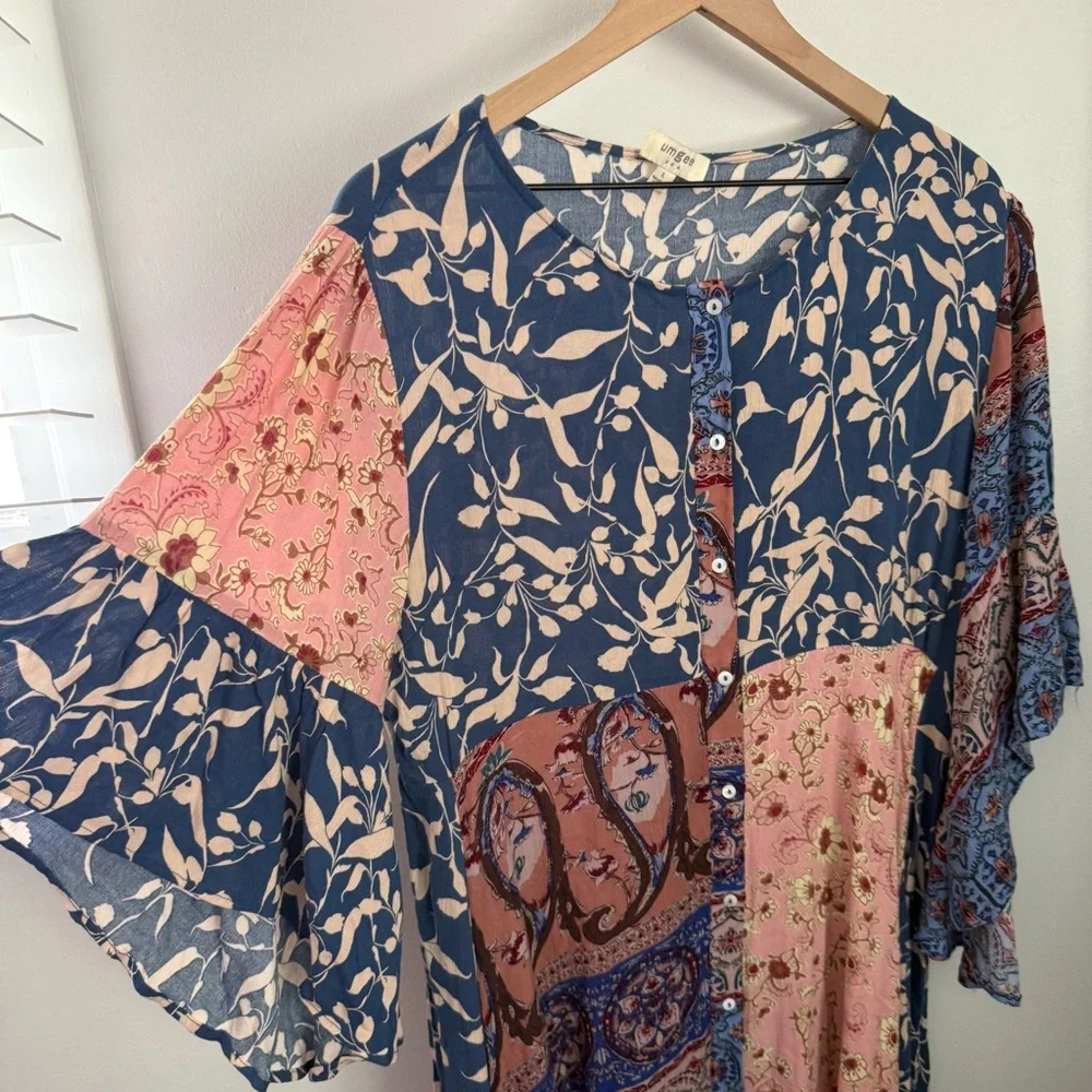 Umgee Blue Pink Patchwork Midi Dress - Picture 2 of 7